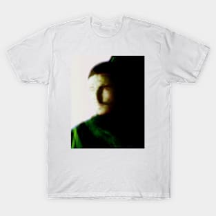 Portrait, digital collage, special processing. Bright side, survival guy. Man between light and darkness. Green and yellow. T-Shirt